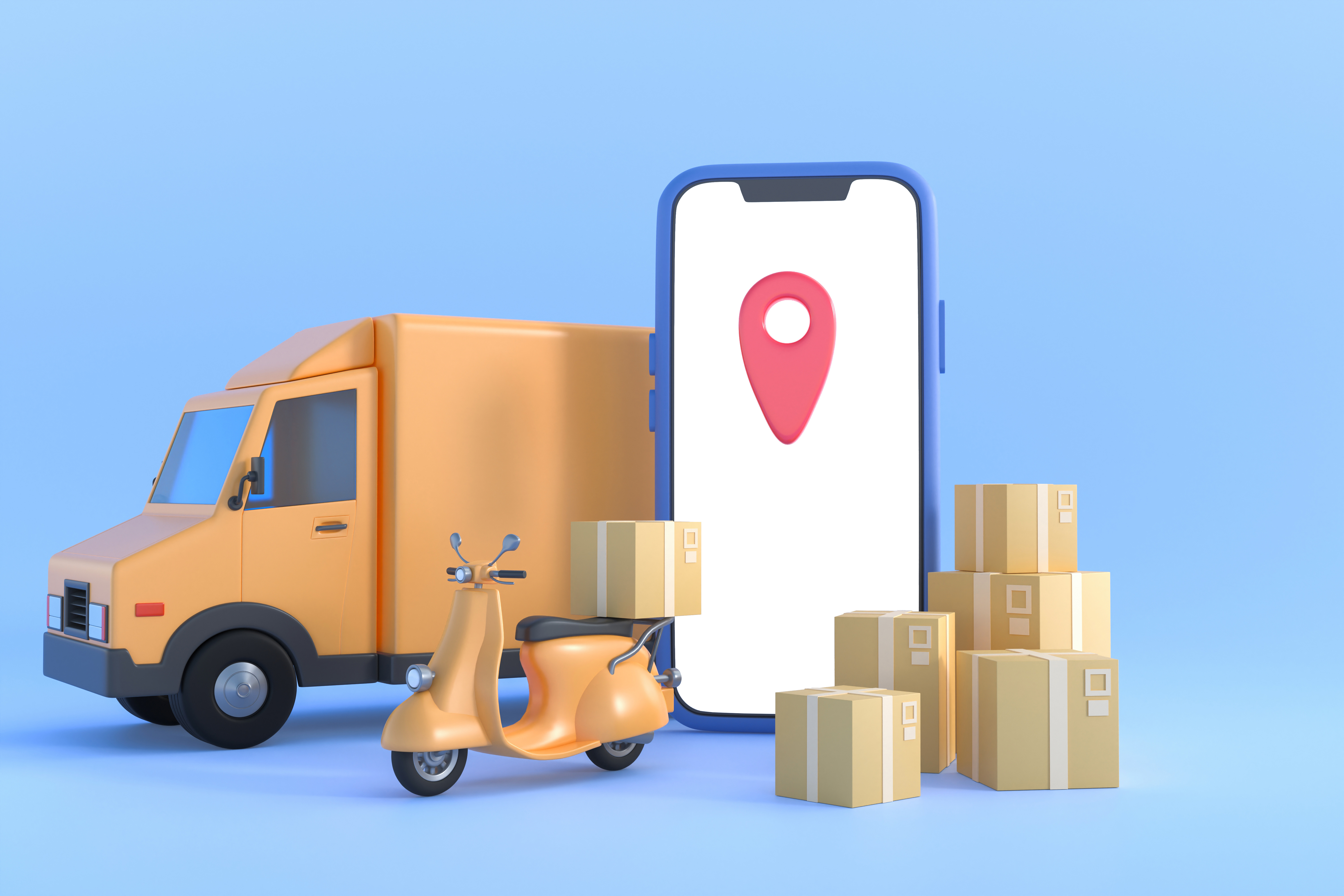 E-commerce concept, Delivery service on mobile application, Transportation delivery by truck, 3d illustration